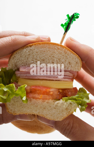 Hands holding ham and cheese sub sandwich FoodCollection Stock Photo