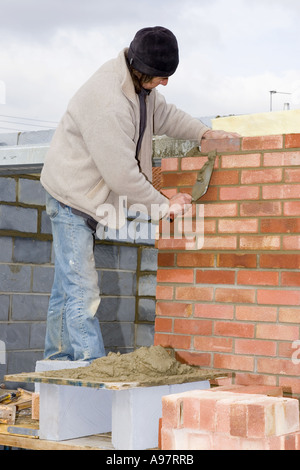 A bricklayer constructing a wall for a home extension Stock Photo