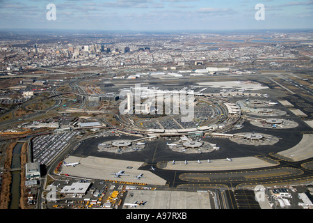 Aerial view of Newark Liberty International Airport, located in Newark, New Jersey, U.S.A. Essex County Stock Photo