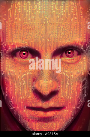 ROBOTIC MALE FACE WITH COMPUTER PRINTED CIRCUIT Stock Photo