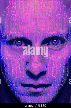 ROBOTIC MALE FACE COMBINED WITH PRINTED CIRCUIT BOARD Stock Photo