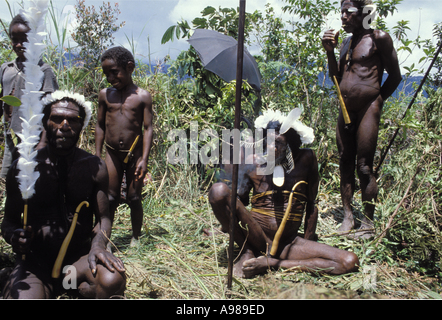 Dani men take a break during  a traditional tribal war ceremony n the Highlands of West Papua Irian Jaya Indonesia Stock Photo