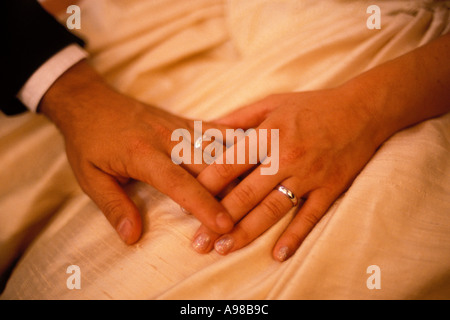 Weddings, Bride and groom, hands and rings Stock Photo