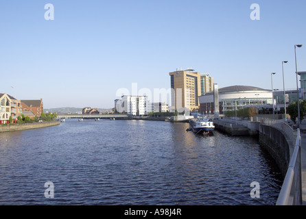 River Lagan Belfast. Waterfront Hall and Hilton Hotel can be seen in background. Stock Photo