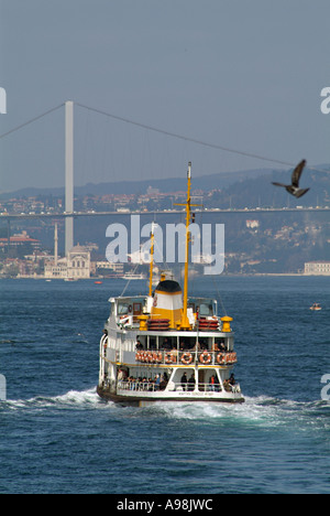 Sea of Marmara Istanbul Turkey Mecidiye mosque below the enormous Ataturk Bosphorus suspension bridge Stock Photo