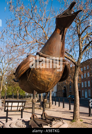 HERRING GULL, a 1994 wooden carving by Jane Ackroyd, situated in Limehouse, London. Stock Photo