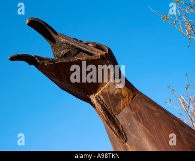 HERRING GULL, a 1994 wooden carving by Jane Ackroyd, situated in Limehouse,  London. Stock Photo