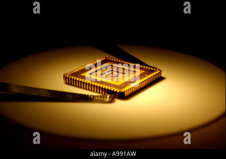 Extreme close-up of computer micro chip . Stock Photo