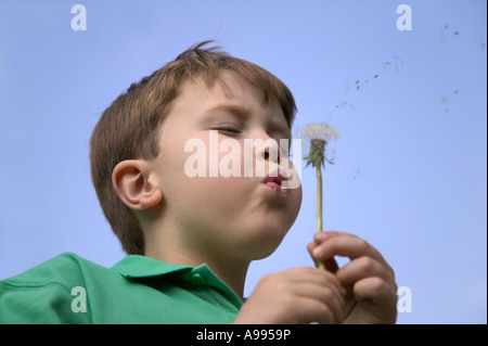 Boy blowing the seeds from a dandelion head Stock Photo