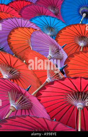 The underside of handmade silk umbrellas at the Umbrella Making Centre in Bo Sang Thailand Stock Photo