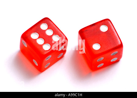 A red pair of dice on a white background Stock Photo