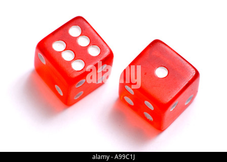 A red pair of dice on a white background Stock Photo