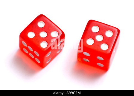 A red pair of dice on a white background Stock Photo