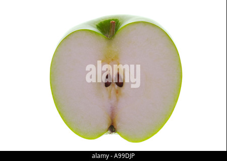 Half a green Apple Backlit and isolated on white Stock Photo