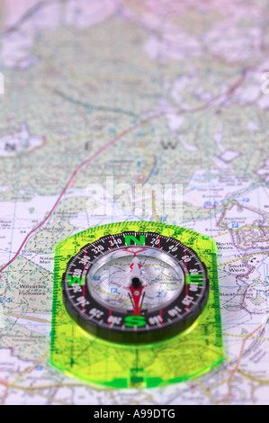Compass on a map focus on North Compass in lower part of image Stock Photo