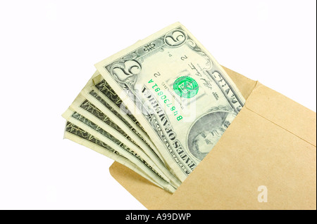 Brown envelope full of US dollar s isolated on white Stock Photo