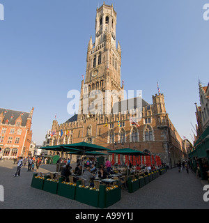 A 2 picture stitch close focus wide angle panoramic image of The Belfry Tower in Bruges (Brugge), Belgium. Stock Photo
