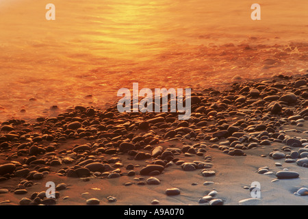 Sunset light hitting water and pebbles along Pacific Ocean shore Stock Photo