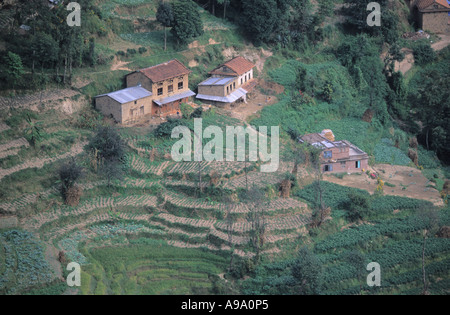 Nepali houses on hillside terraces in Kathmandu valley Nepal Stock Photo