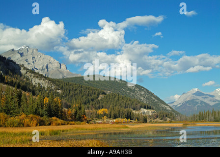 Cascade mountain rising above Banff township from Vermillion lakes drive Banff National park Canada North America Alberta Stock Photo