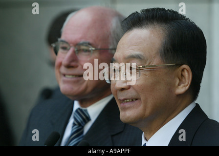 Premiere Chen Jiabao right and Prime Minister John Howard at Press conference Canberra 2006 Stock Photo