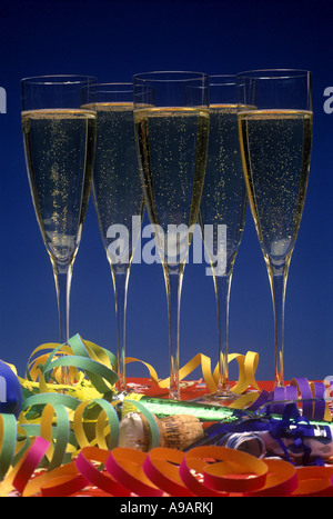 ROW OF CHAMPAGNE GLASSES NEW YEARS EVE STILL LIFE Stock Photo