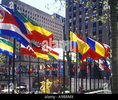 Row of American flags on Manhattan building New York City USA