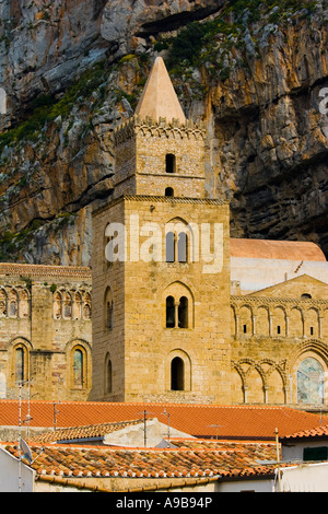 Towers of the Norman Cathedral above tile rooftops of Cefalu Sicily ...