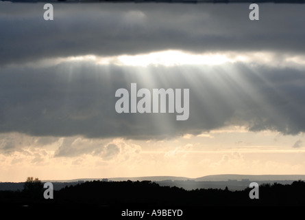 Nimbostratus clouds. Sunlight breaking through storm clouds. Winter sky. View across the New Forest.  Hampshire. UK. Stock Photo