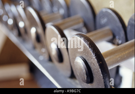 Dumbbells in a line, close up Stock Photo