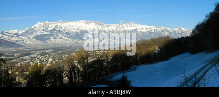 Panoramic view from Vaduz over the Rhein Valley towards Switzerland and the Mount Säntis, Vaduz FL Stock Photo