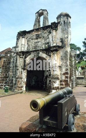 Remains of the Portuguese 'Famosa Fort ', Malacca / Malaka ,Malaya with an old canon in the foreground Stock Photo