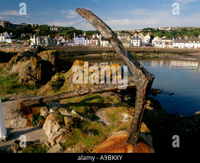 Portpatrick anchor on Dorn Rock looking across bay to sea front hotels and house in the Rhins of Galloway Scotland UK Stock Photo