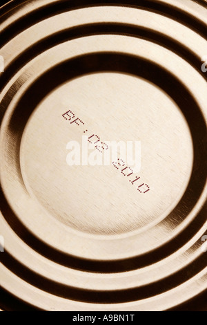 Tin can close-up with expiration date Stock Photo