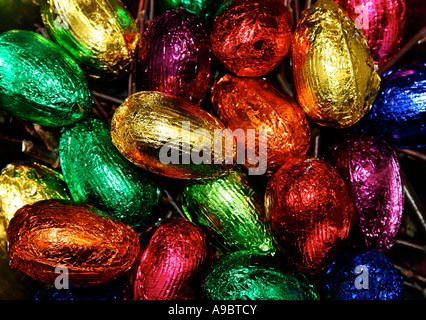 Colorful easter eggs made out of chocolate and wrapped in aluminium Stock Photo