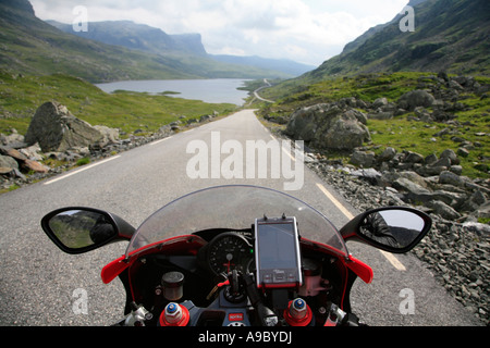 GPS navigation system mounted on Aprilia RSV 1000 R motorcycle in Norway Stock Photo