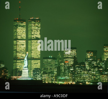 Lower Manhattan New York City at night prior to September 11 2001 showing World Trade Center Towers Stock Photo