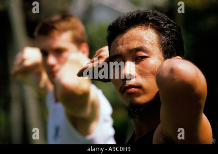 Chinese Kung Fu master teach a foreign learner in Taipei New park taipei Taiwan Stock Photo