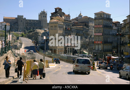 Panoramic view magnificent architecture church belfry colour building lively street old town centre Porto Portugal Iberia Europe Stock Photo