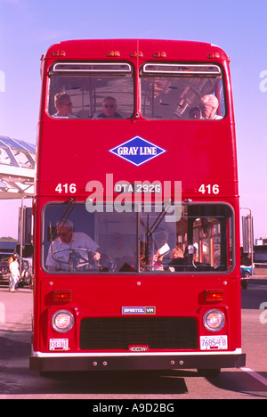 Red Double Decker Bus carrying Sightseeing Tourists on Tour, Vancouver, BC, British Columbia, Canada Stock Photo