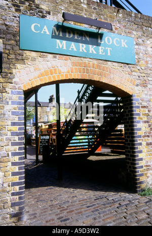 View of back entrance of busy lively colourful Camden Lock Market Camden Town London England United Kingdom Europe Stock Photo