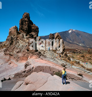 Los Roques de Garcia with Mount Teide behind, Mount Teide National Park, Tenerife, Canary Islands, Spain Stock Photo