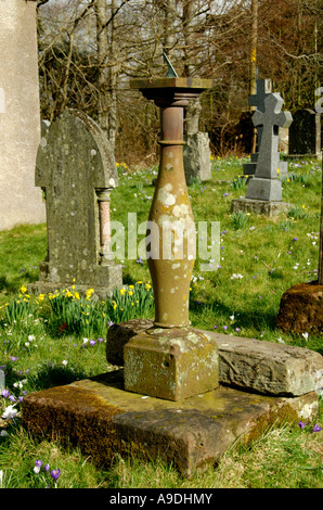 Sundial at height for horse riders. Church of Saint John Evangelist, Waberthwaite. Lake District National Park, Cumbria, England Stock Photo