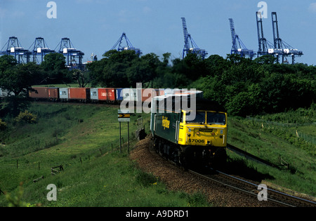 Freight train leaving the Port of Felixstowe, Suffolk, UK. Stock Photo