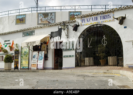 Shop and entrance to the bull ring in Mijas Spain Built in AD 1900 this is the only square bull ring in existance Stock Photo