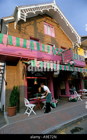 Terrace on a Commercial street Baie Saint Paul town in Charlevoix region province of Quebec Stock Photo