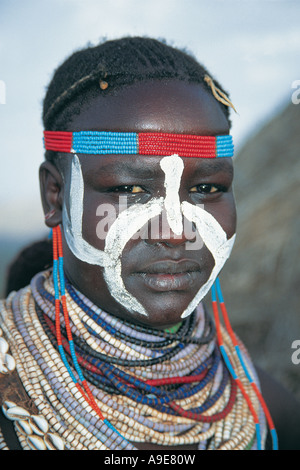 Close up of face paint on male Karo dancer Banks of Omo river Murulle Ethiopia Stock Photo