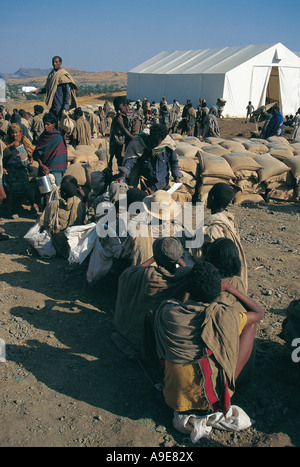 European Union food distribution through United Nations Sekota Ethiopia Refugees queuing and waiting for food Stock Photo