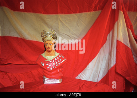 Europe France. St Tropez, South of Les Bravades Bravade annual festival of Patron Saint of town Saint Tropez Effigy small statue in shop window. Stock Photo