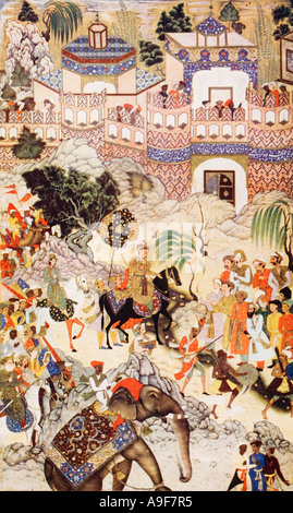 Akbar Khan's entry into Surat, 1572. Abu'l-Fath Jalal-ud-din Muhammad Akbar, aka Akbar the Great and Akbar I, third Mughal emperor Stock Photo